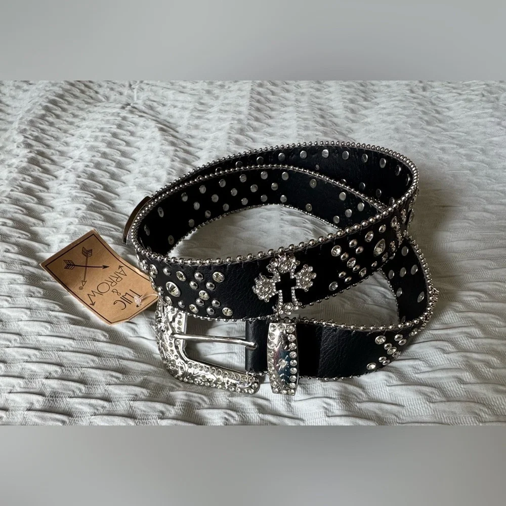 Black Sparkling Rhinestone  Belt Leather